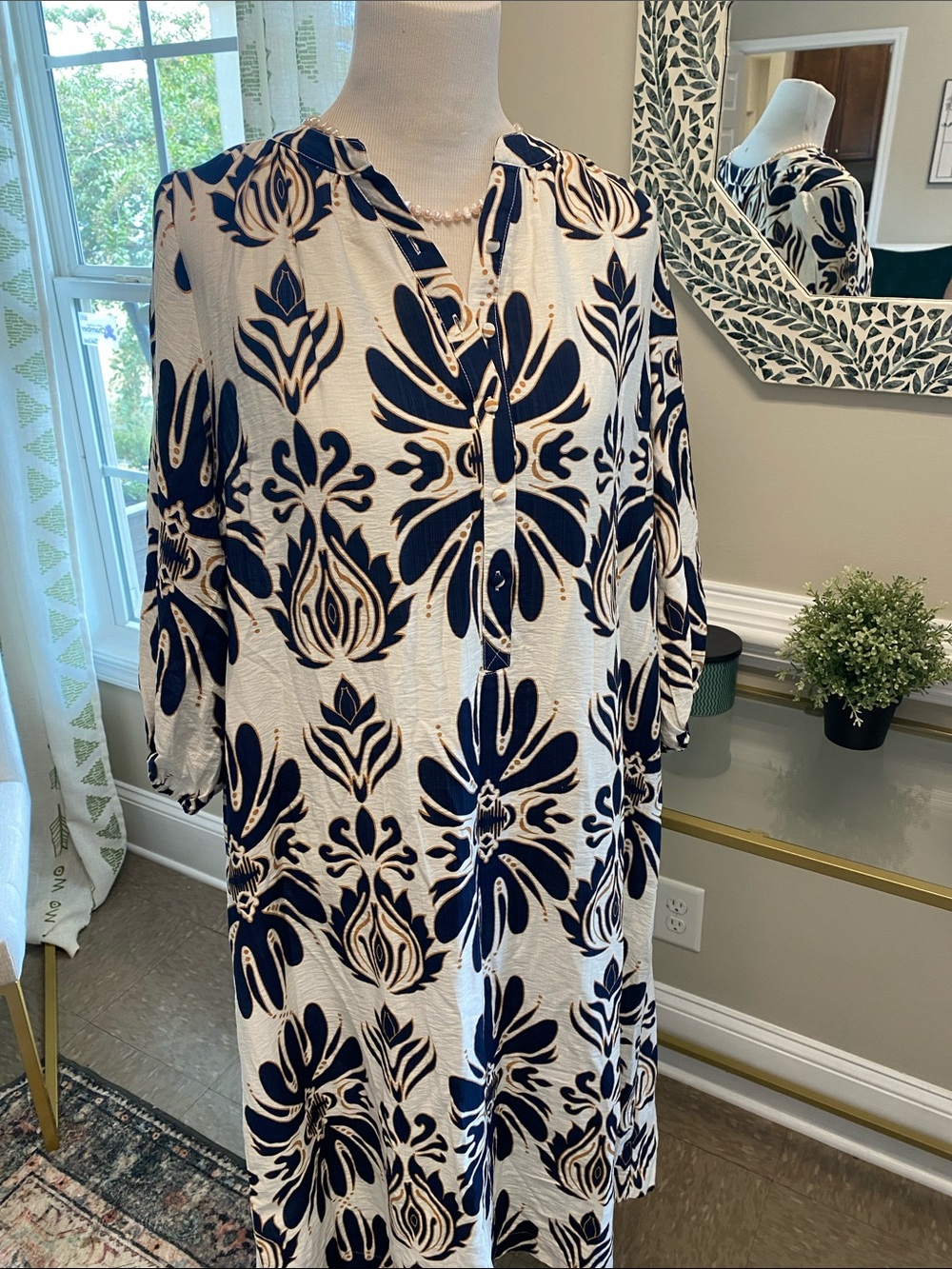 Umgee Navy and Cream Floral Midi Button-Front Dress